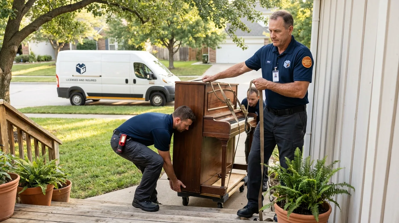 Licensed piano movers securing grand piano in Hanson, MA