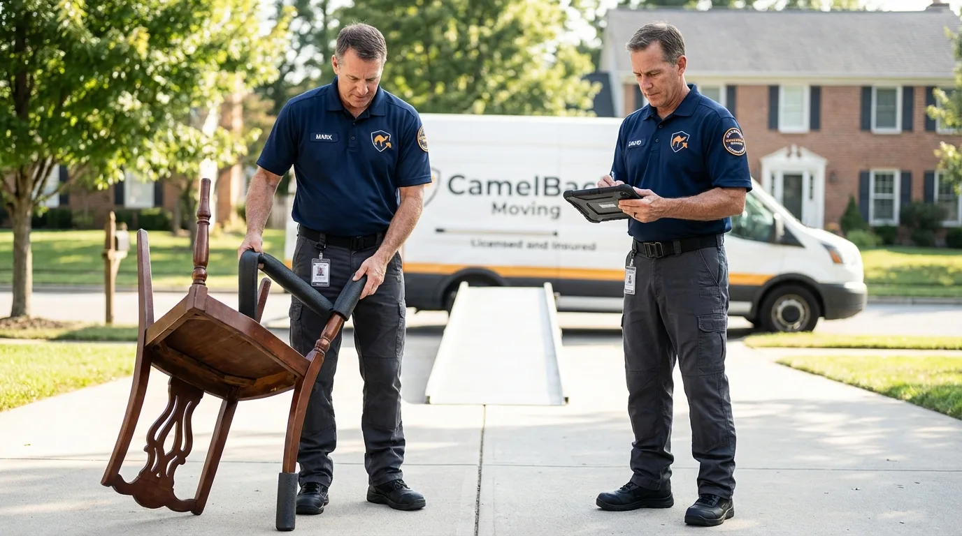 Movers inspecting furniture for damage prevention before loading in Hanson, MA