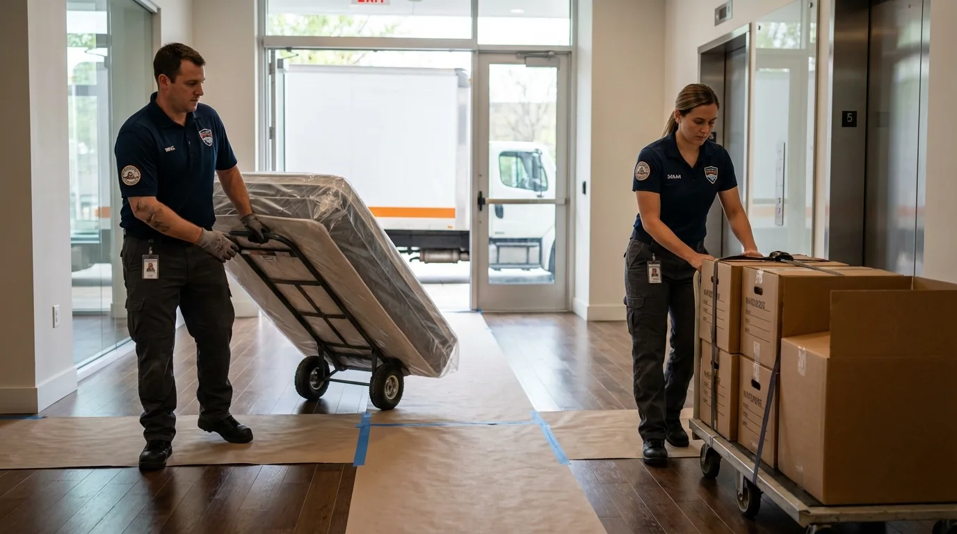 Professional apartment movers loading elevator in Hanson, MA