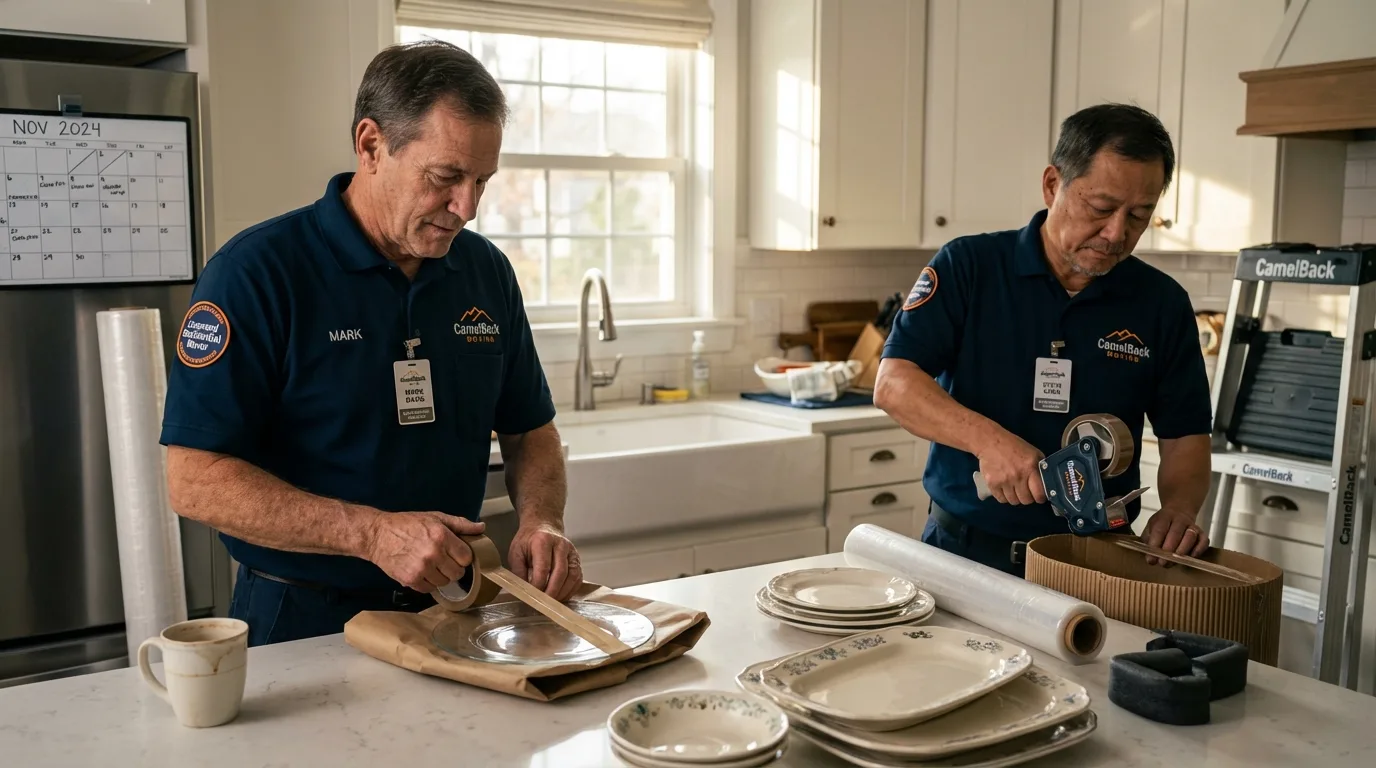 Professional crew packing kitchen dishware in Hanson, MA